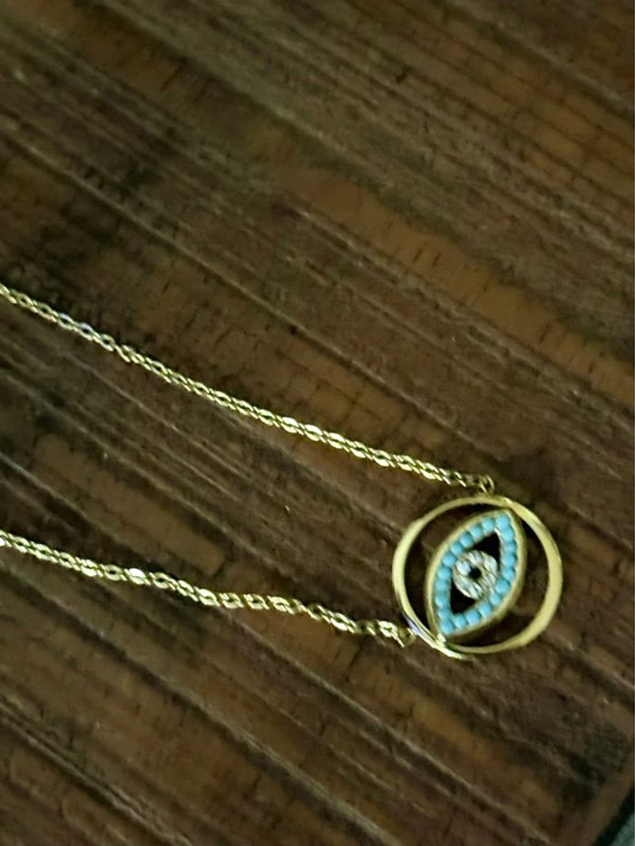 Collier chaîne réglable cercle œil perles cristal et turquoise