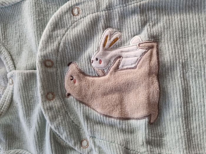 Dors-bien / Pyjama bébé côtelé vert d'eau avec motif Ours & Lapin TQF - 6 mois - photo numéro 2