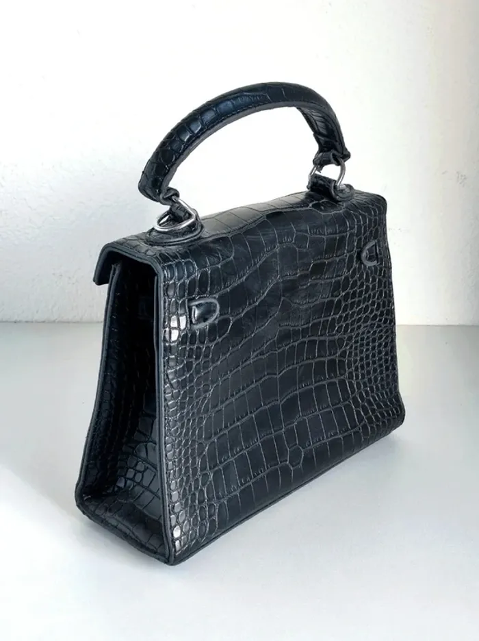 Sac à main noir cuir imitation écaille 80-90 vintage - 22x16x8cm - photo numéro 8