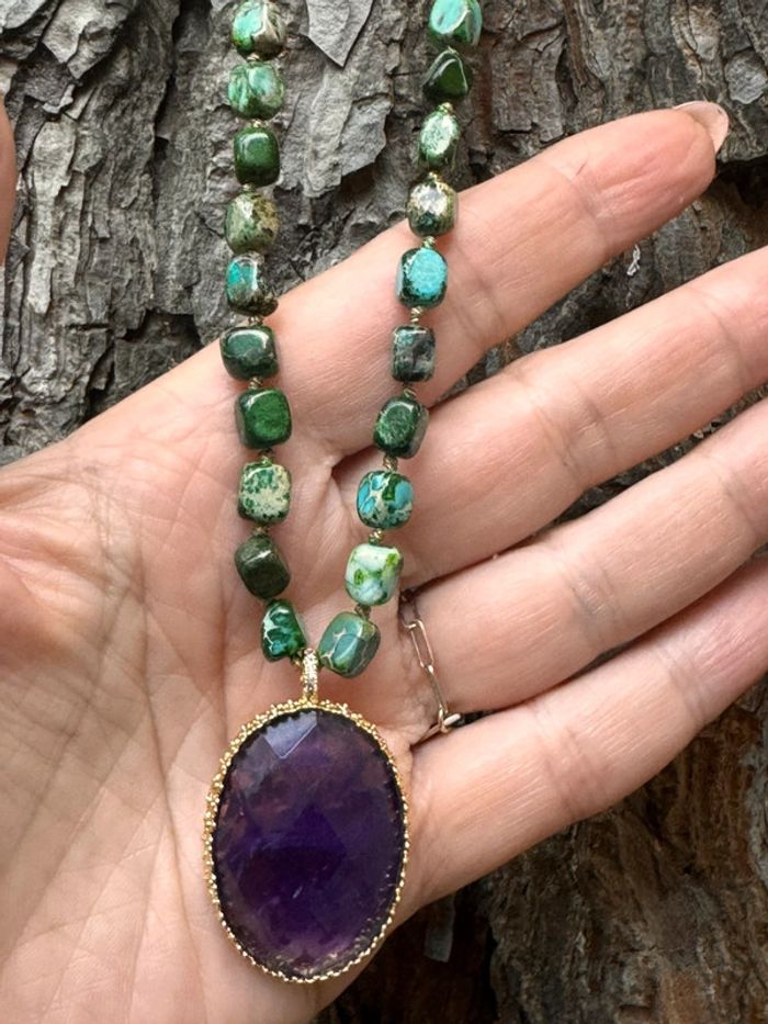 Gros collier réglable pierres malachites pendentif améthyste habaha Paris - photo numéro 6