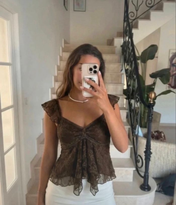 Top en dentelle marron Y2K vintage - Taille S