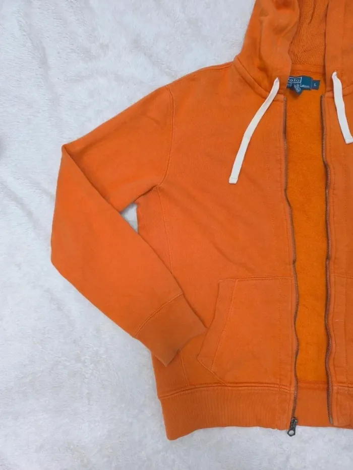 Sweat à capuche zippé Polo Ralph Lauren homme taille L orange manche tachée - photo numéro 7