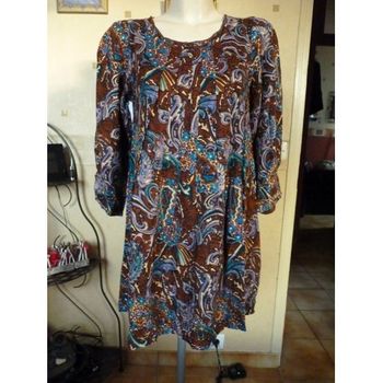 Miss June - Robe  marron et bleu motifs perles-T38