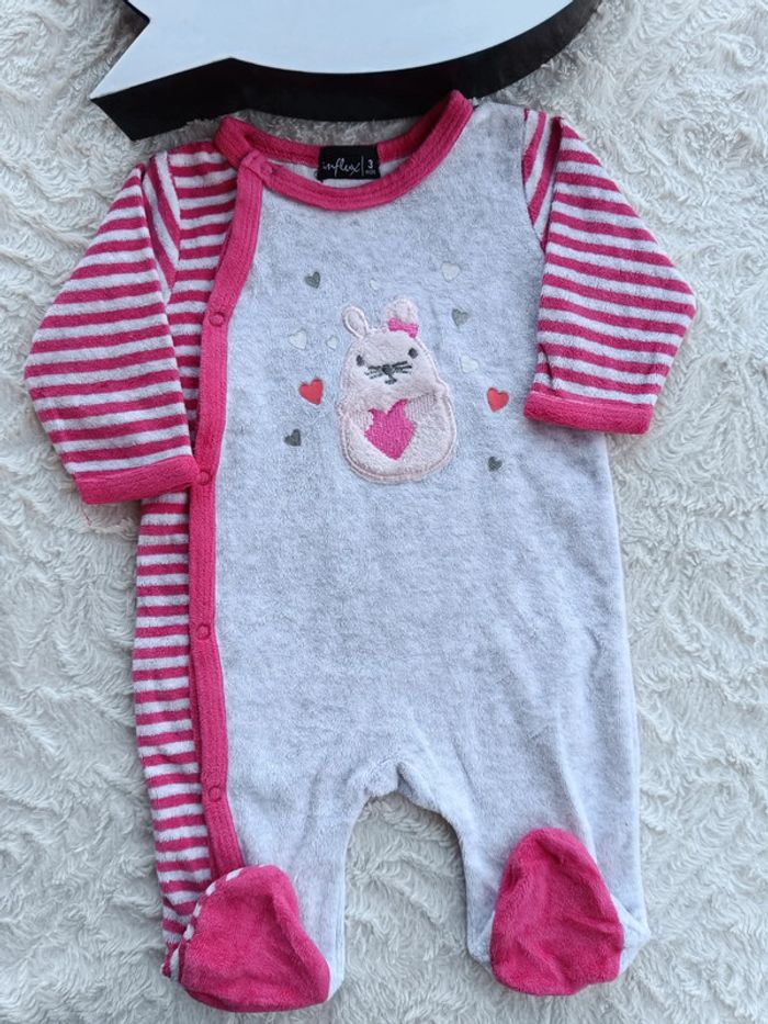 Pyjama grenouillère velours Fille 3 mois souris cœur Influx - photo numéro 2