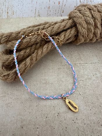 Bracelet de cheville tressé nylon lilas rose pendentif grain de café