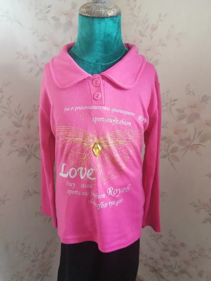 Pull fin rose avec col boutons imprimé papillon et message / tong tong / (8ans) - photo numéro 4