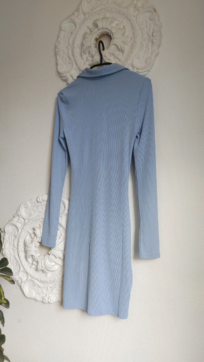 Robe chemise manches longues moulante côtelé bleu - photo numéro 5