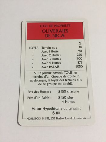 Carte Oliveraies de Nice pièce jeu de société Monopoly le tour de Gaule d'Astérix Hasbro #A53