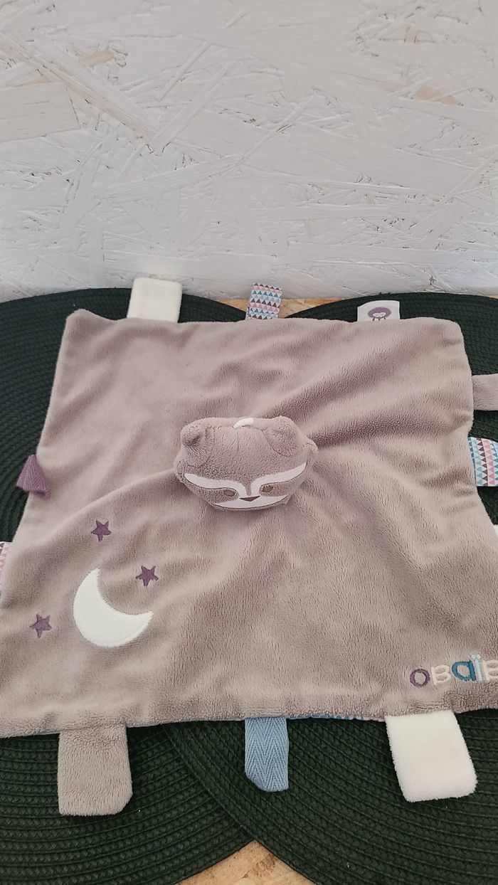 Doudou plat chat raton laveur marron bleu rose OBAIBI - photo numéro 3