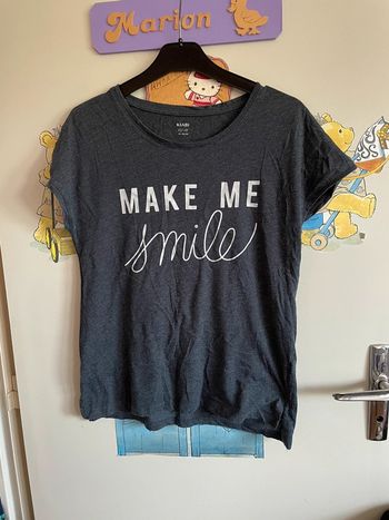 Tee shirt à manches courtes bleu-gris avec inscription make me smile, taille Xs, marque Kiabi