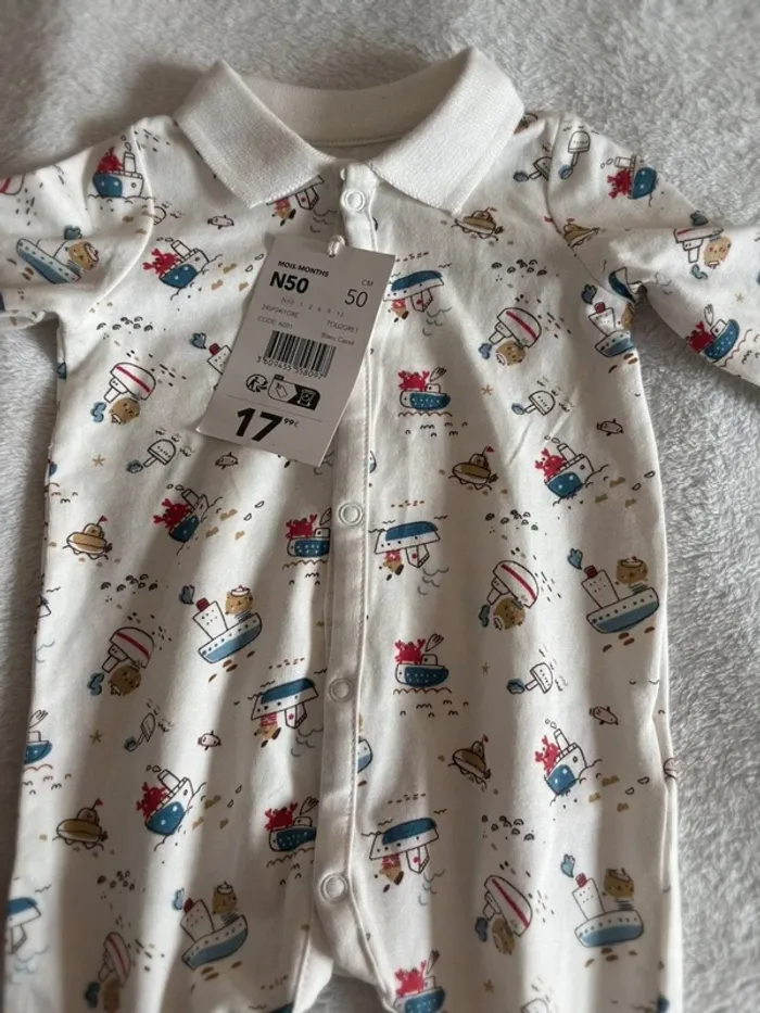 Pyjama naissance “Petits Bateaux et Animaux” dpam Taille 50 - photo numéro 3