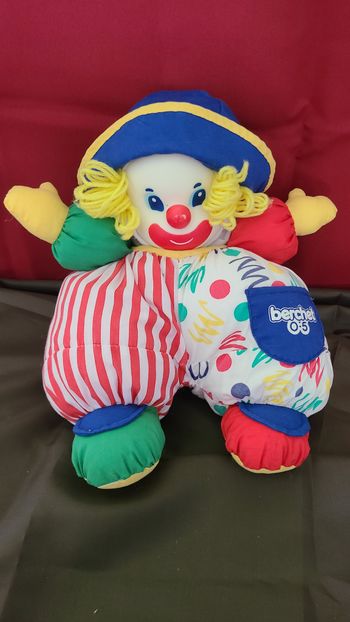 BERCHET VINTAGE DOUDOU PELUCHE CLOWN JAUNE BLEU ROUGE VERT 35CM
