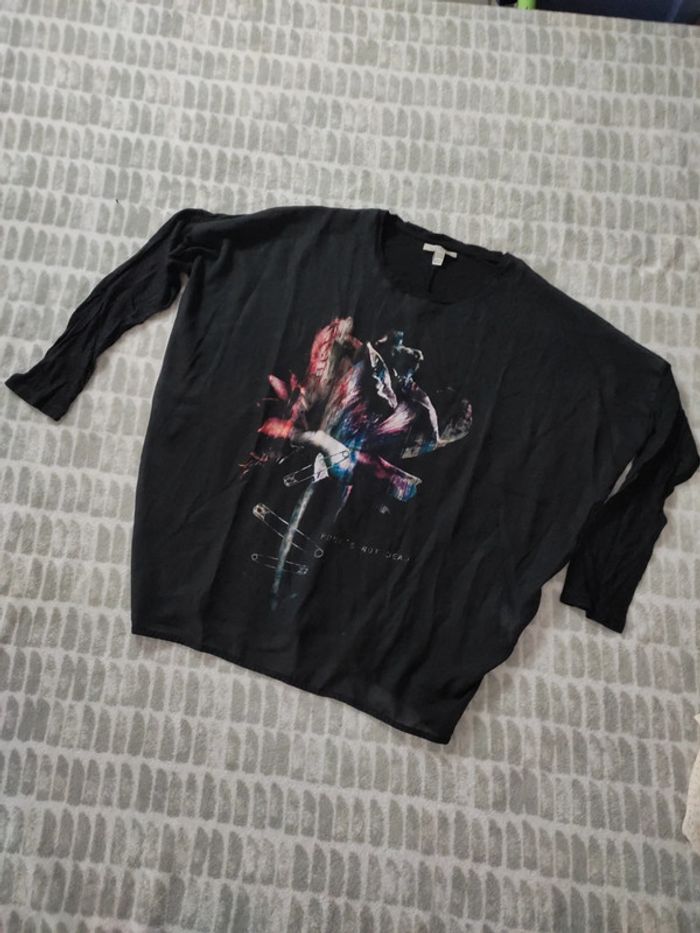 Blouse manches 3/4 noir imprimé rose multicolore Zara taille 38 - photo numéro 1