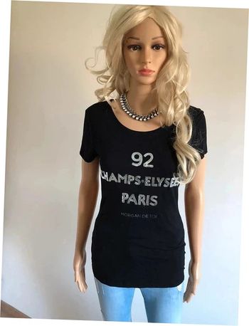 Teeshirt noir à manches courtes avec sequins argentés Morgan taille S TBE