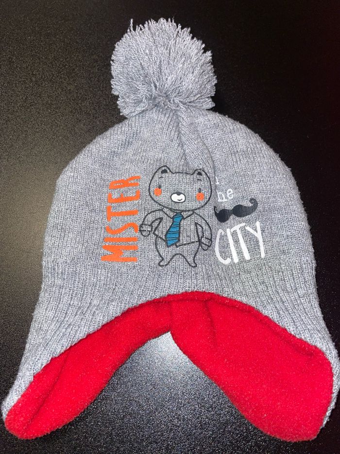 Bonnet à pompon + écharpe gris motif chat taille 6 mois - photo numéro 2