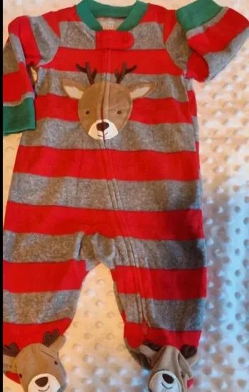 Pyjama polaire 3 mois rayé rouge et gris petit renne