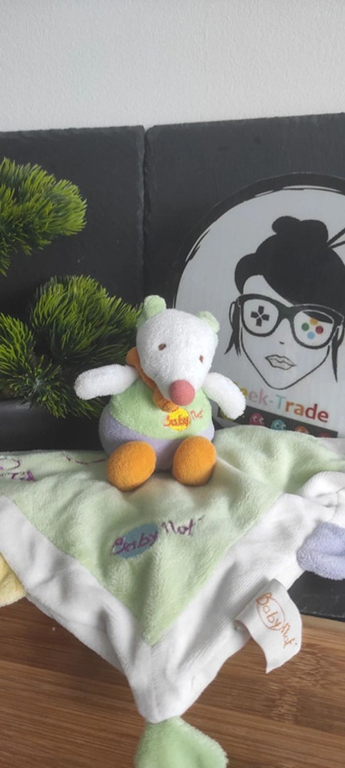 Doudou plat souris baby nat losange vert blanc violet orange jaune Écharpe Rond