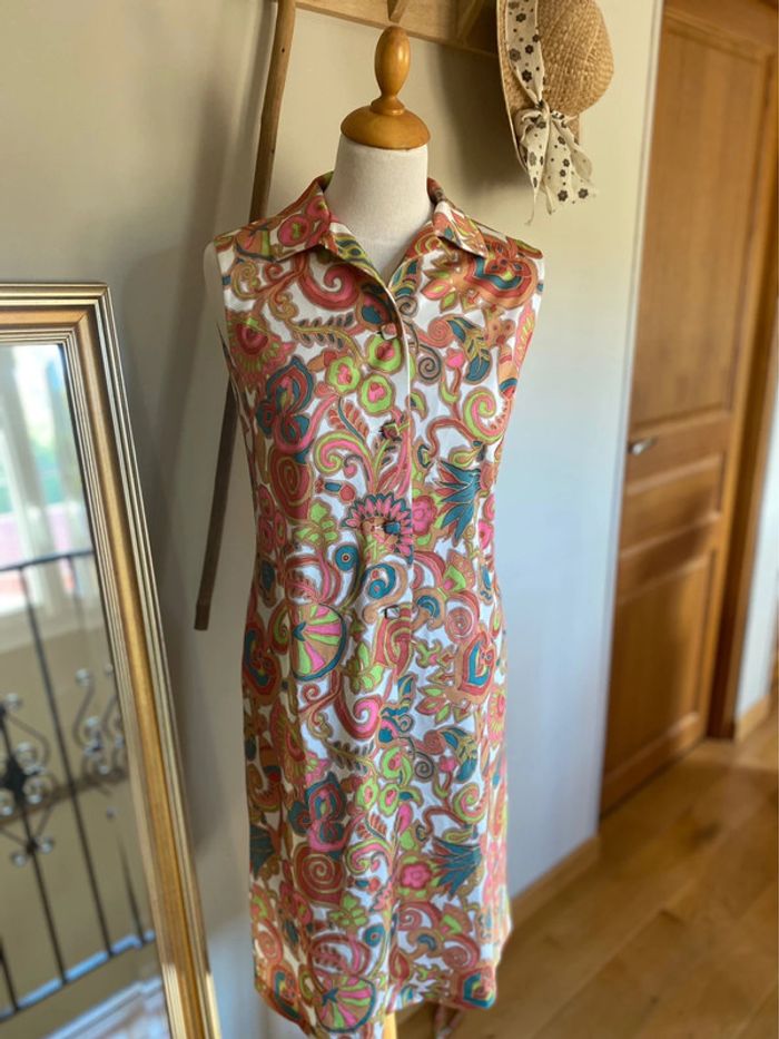 Robe Blanche à Motifs Paisley Marron avec ceinture assortie Vintage Années 70 - photo numéro 4