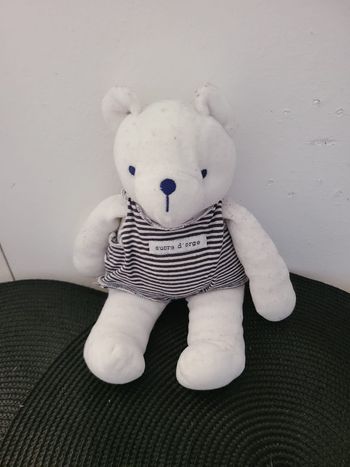 Doudou Ours blanc salopette rayé bleu Marine Sucre d'orge