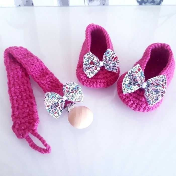 Coffret naissance noeud liberty Annabell attache tétine chaussure ballerine fait main crochet coton bio bébé naissance fabrication française - photo numéro 4