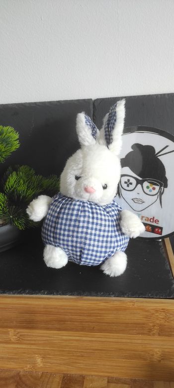 doudou peluche lapin pampers boule blanc bleu carreaux vichy rose ancien vintage