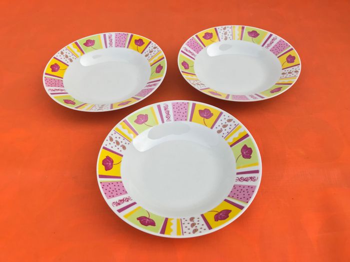 3 assiettes creuses Porcelaine blanche Frise multicolore décor tulipe - photo numéro 3