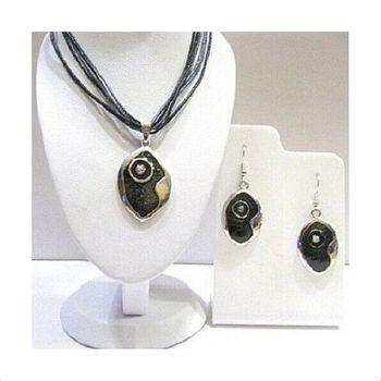 Parure Collier + Boucles Métal Argenté, Email & Strass