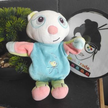 doudou marionnette raton laveur sucre panda  d orge bleu vert rose oiseau  Jambe