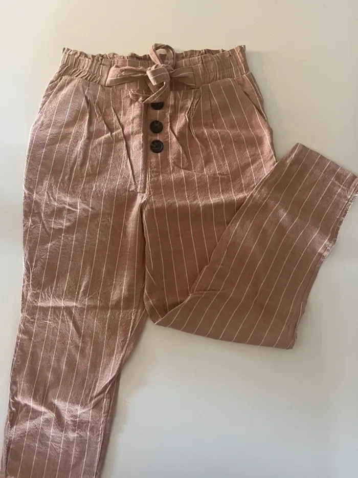 Pantalon effet lin rose poudré à rayures - Neuf 🎀 - photo numéro 3