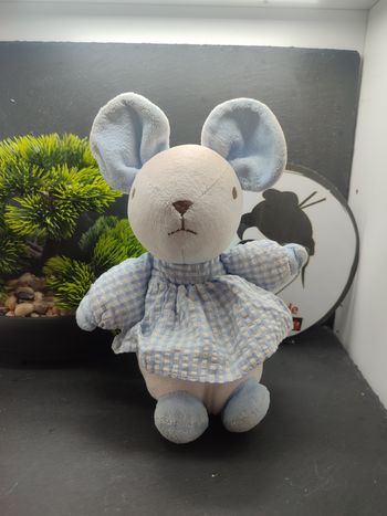 Doudou Peluche Boule Souris Vichy Bleu Blanc Nounours carreau ancien Grelot PE69