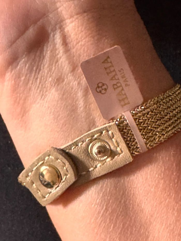 Bracelet manchette fils tissés or réglable croix acier inoxydable or cristaux - photo numéro 5