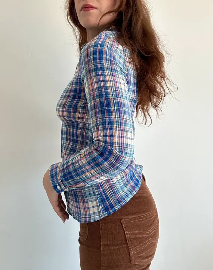 Chemise bleue à carreaux vintage années 70 taille S - photo numéro 2