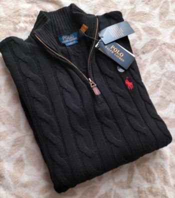 Pull homme ralph lauren torsadé demi zip classic fit neuf noir taille L 100% coton