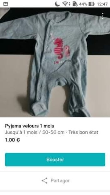 Pyjama velours 1 mois hypocampe