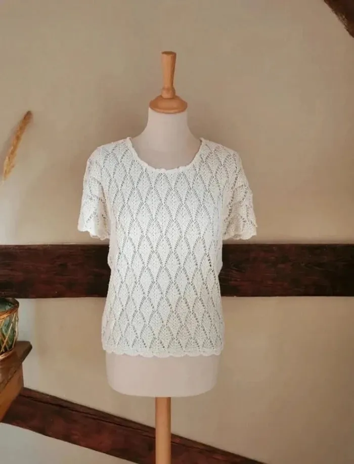 Top blanc maille ajourée coton acrylique - photo numéro 3