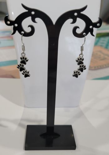 BOUCLES D'OREILLES TRIO MINI PATTE CHIEN CHAT NOIR ARGENTE ! NEUF !