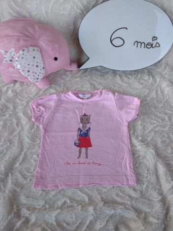 Tee shirt chemise manches courtes Fille 6 mois Chat "Cléo au bord de l'eau" Babibou 100% coton
