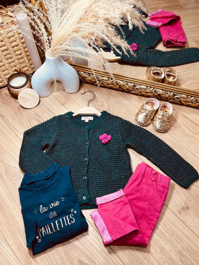 Taille 12 mois tenue 3p fille multimarque rose et bleu marine * fleurs * 🎀 - photo numéro 1