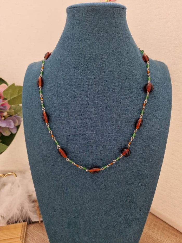 Collier Argenté Marron Vert - photo numéro 2