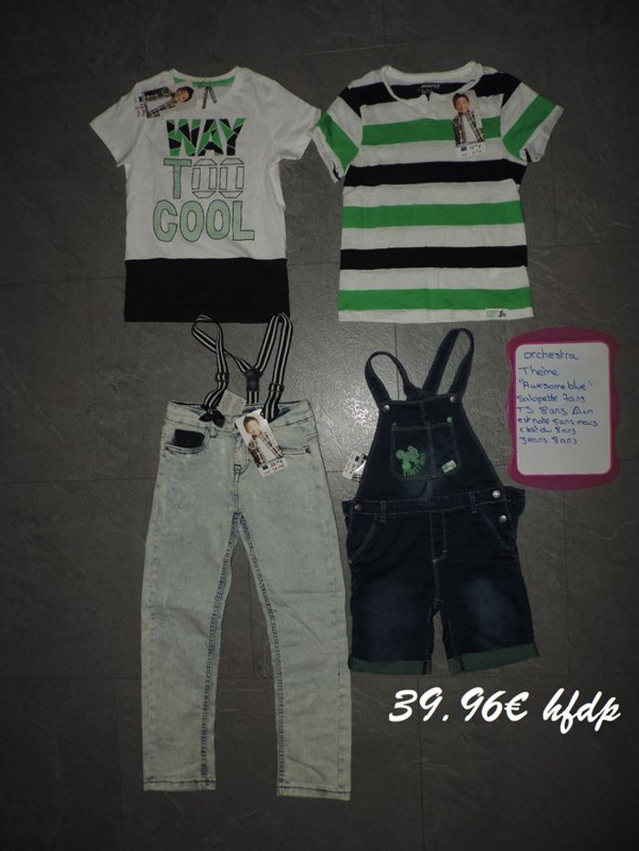 ensemble orchestra salopette 7 ans jeans 8 ans tee shirt 8 ans sauf un noté 5 ans mais taille 8 ans
