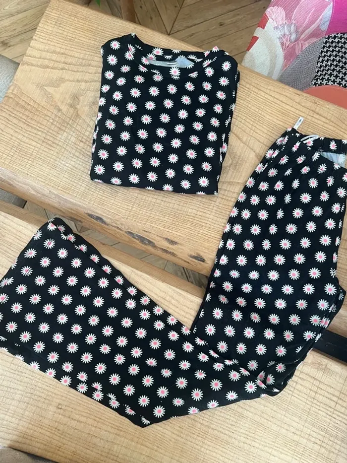 Ensemble 12 - 14 ans t-shirt pantalon flare tenue à fleurs noire fille ado