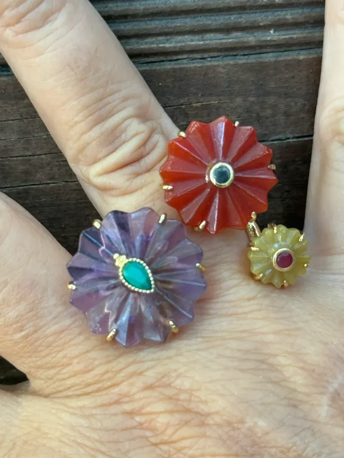 Grosse bague habaha Paris acier inoxydable or fleurs améthyste cornaline jape - photo numéro 2