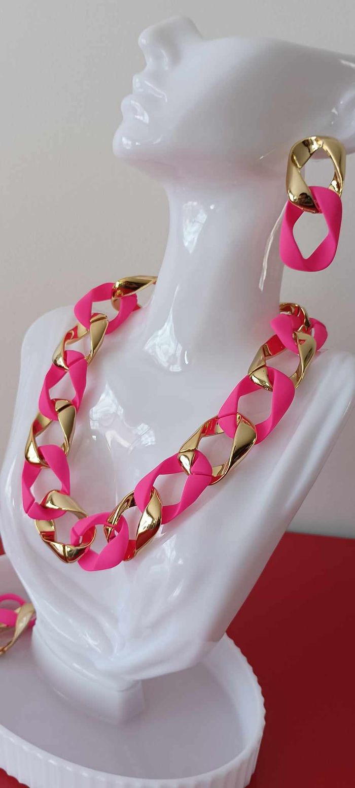 Collier et boucles d'oreilles fantaisies roses et dorés en Acrylique - photo numéro 7