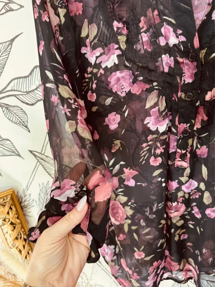 Taille 38 ~ M blouse légère voilage femme Clara Vittri noire et violet * florale * 🌺 - photo numéro 5