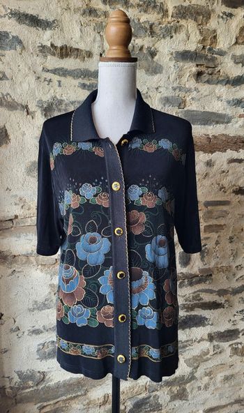 Gilet léger style blouse vintage motifs fleurs en relief noir doré bleu Taille 40