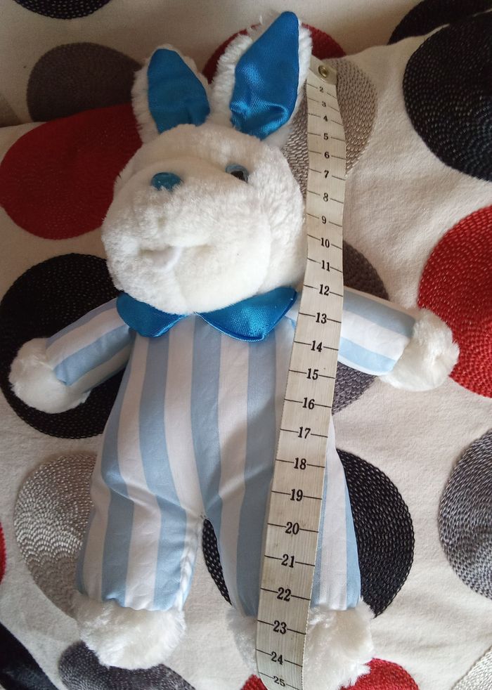 Doudou Pampers  peluche Lapin 25 cm +/-  blanc et bleu bicolore vintage Pampers ancien  vers 1991 rayures   très joli - photo numéro 2