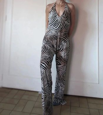🦓Combinaison femme imprimé animal zèbre marron blanc t l 40 ymayaba paris dos nu
