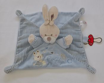 Doudou Lapin carré plat bleu et rayé - ABC -Nicotoy