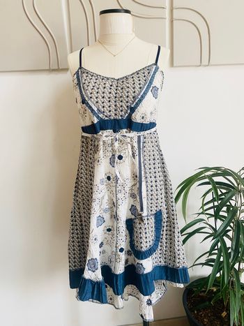 Robe bohème bleu et blanc + petit gilet amovible • Fabriquée en France
