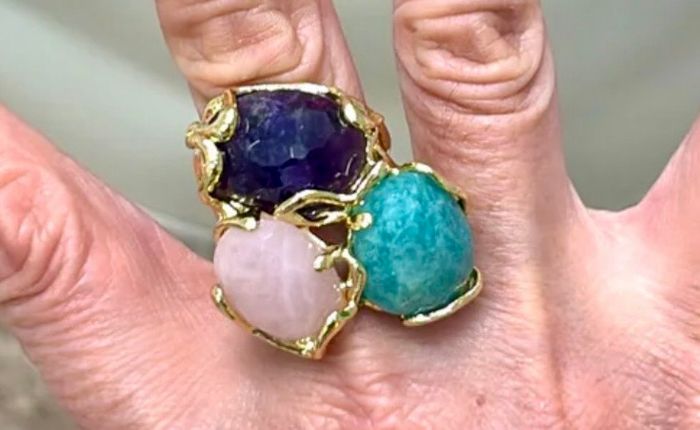 Grosse bague réglable habaha Paris amazonite améthyste jade acier inoxydable - photo numéro 3